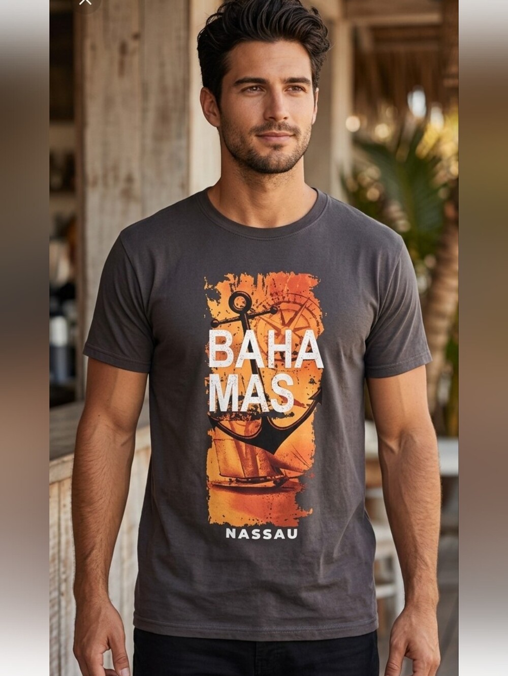 Anvil Men's Grey Short Sleeve Graphic Bahamas Tee Size Large